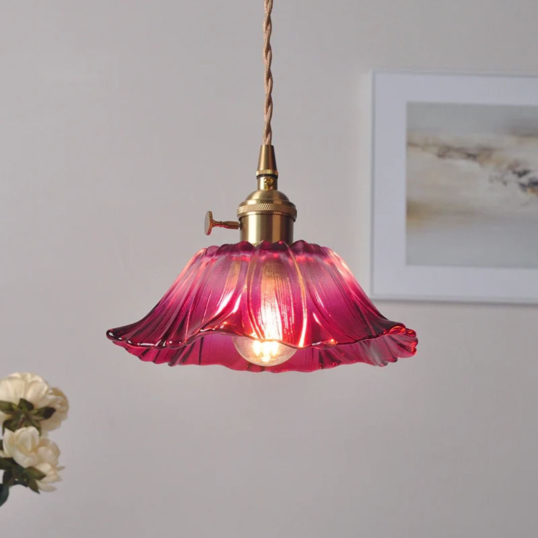 Glass Pendant Light, Red Petal Shade, Gold Metal Fitting, 12 Inch