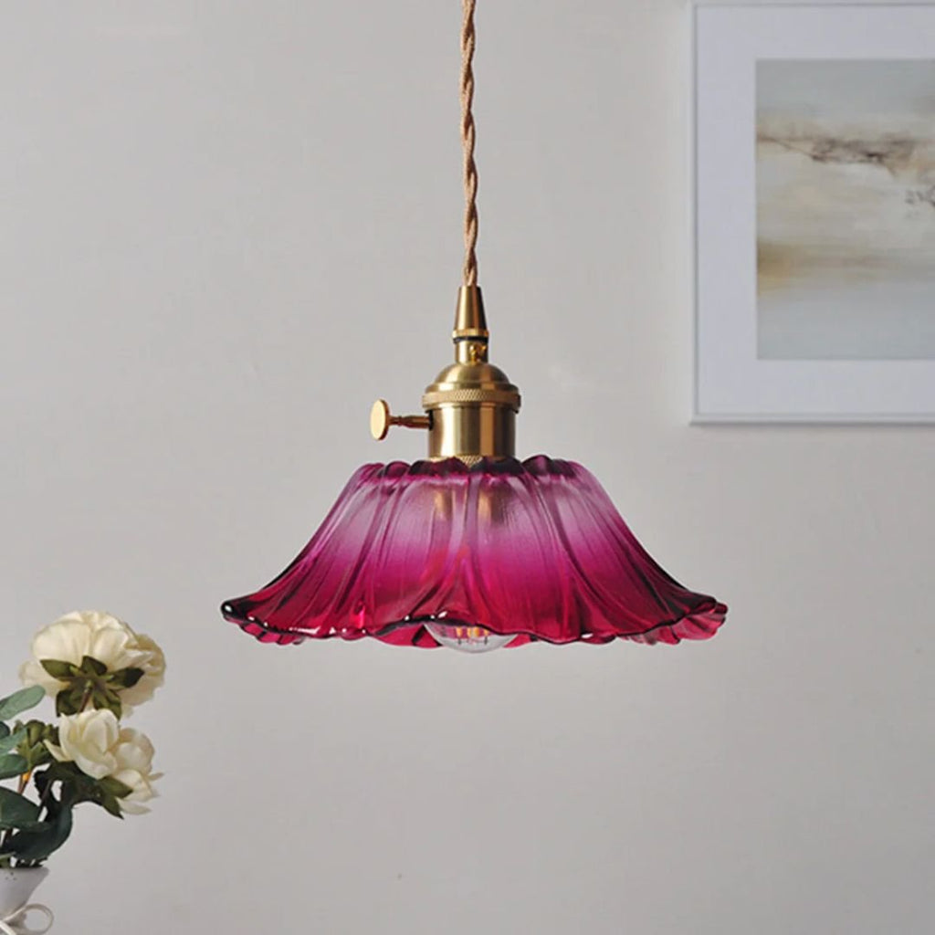 Glass Pendant Light, Red Petal Shade, Gold Metal Fitting, 12 Inch