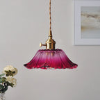 Glass Pendant Light, Red Petal Shade, Gold Metal Fitting, 12 Inch