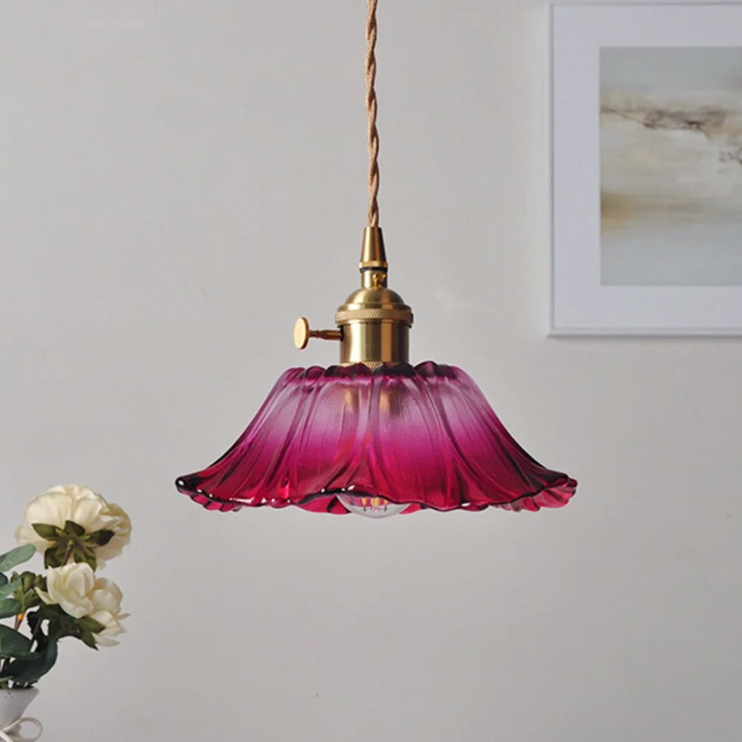 Glass Pendant Light, Red Petal Shade, Gold Metal Fitting, 12 Inch