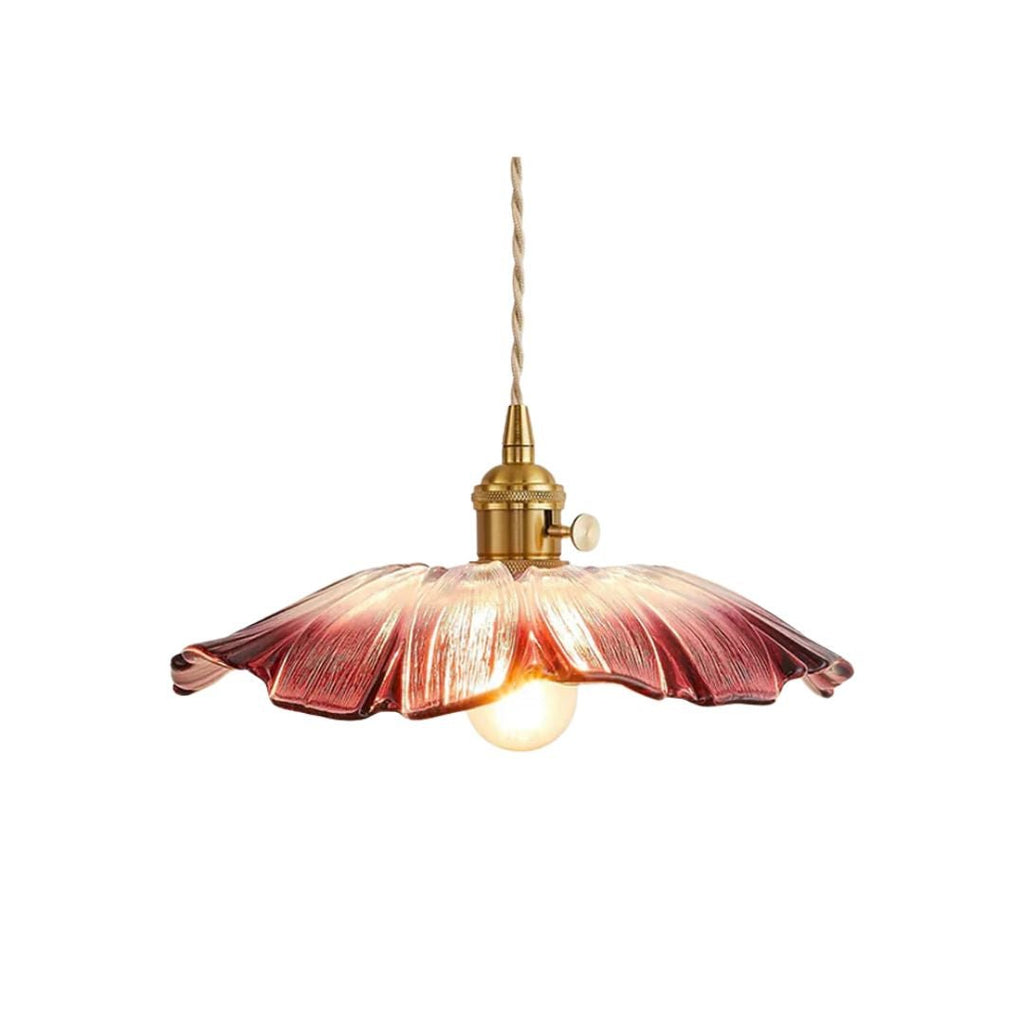 Glass Pendant Light, Red Petal Shade, Gold Metal Fitting, 12 Inch