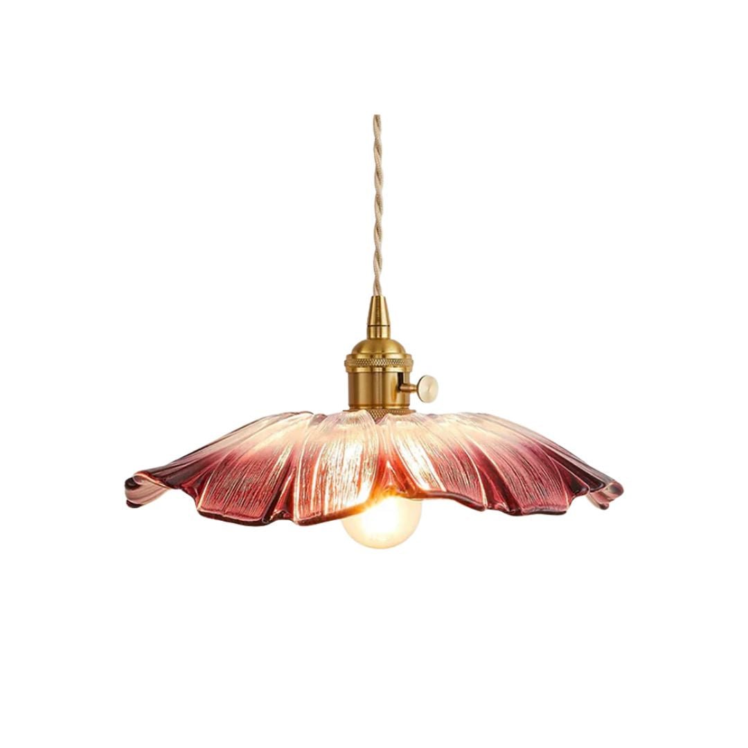 Glass Pendant Light, Red Petal Shade, Gold Metal Fitting, 12 Inch