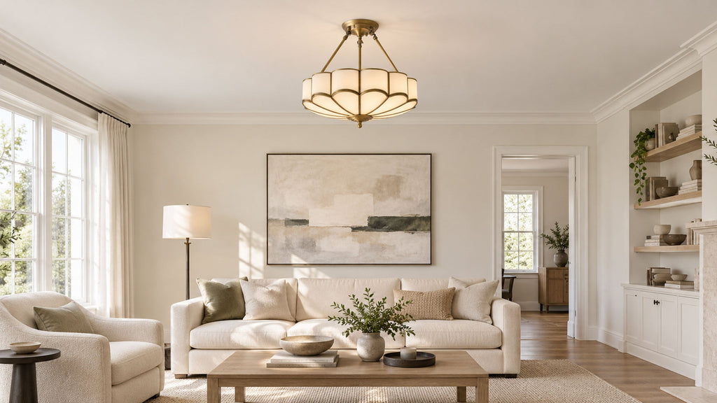 Above a pair of sofas in a living room with a large art print, this Clérachic ceiling light glows near built-in shelving.