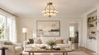 Above a pair of sofas in a living room with a large art print, this Clérachic ceiling light glows near built-in shelving.