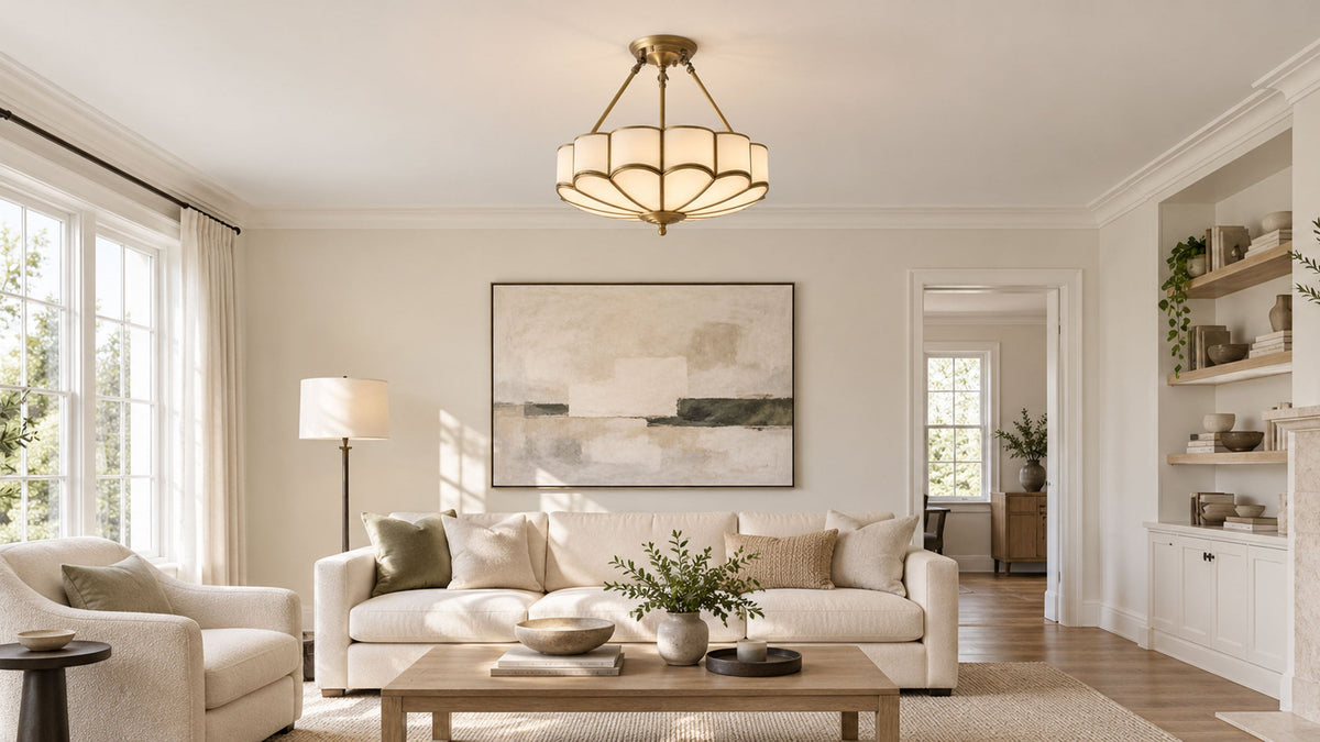Above a pair of sofas in a living room with a large art print, this Clérachic ceiling light glows near built-in shelving.