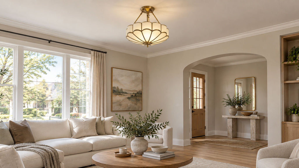 Above a beige sectional sofa near an arched doorway, this Clérachic ceiling light glows in a bright living room.