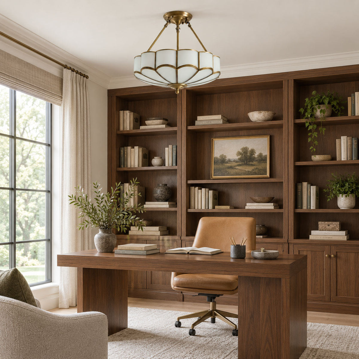 In a home office with dark wood shelving and a leather chair, this Clérachic ceiling light glows near the window.