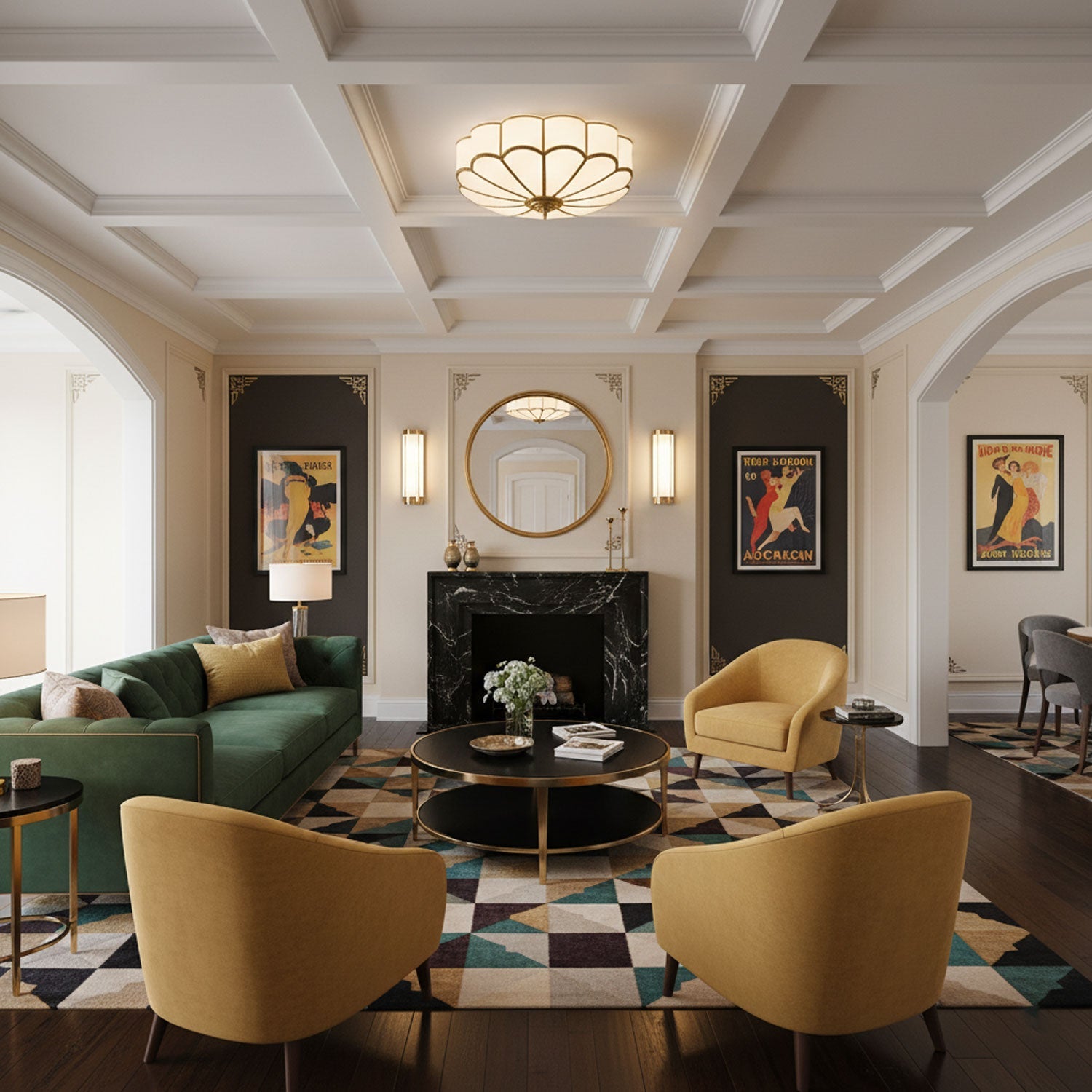 Brass-framed frosted glass ceiling light on white background