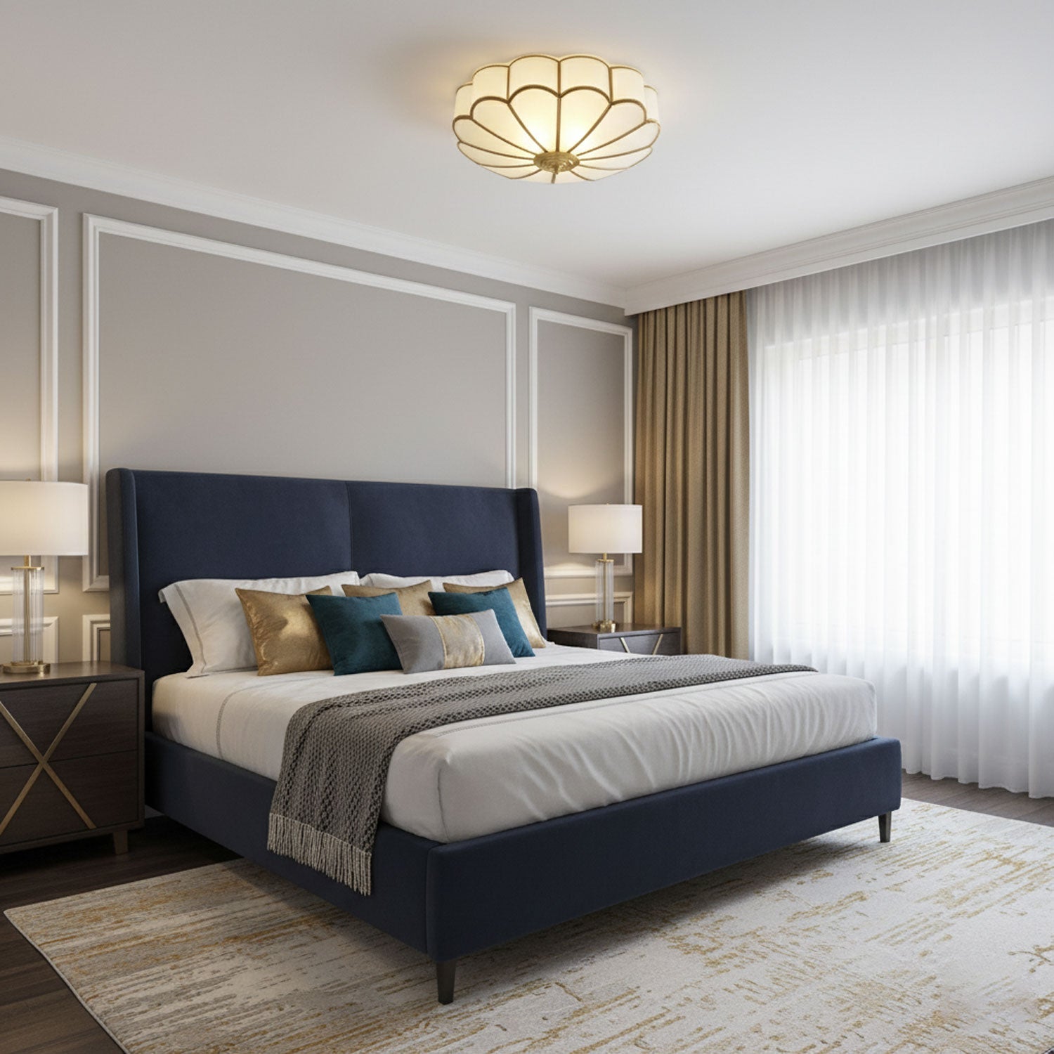 Ceiling Light, Frosted Glass Flower Petals, Brass Frame, E26 / E27 Socket