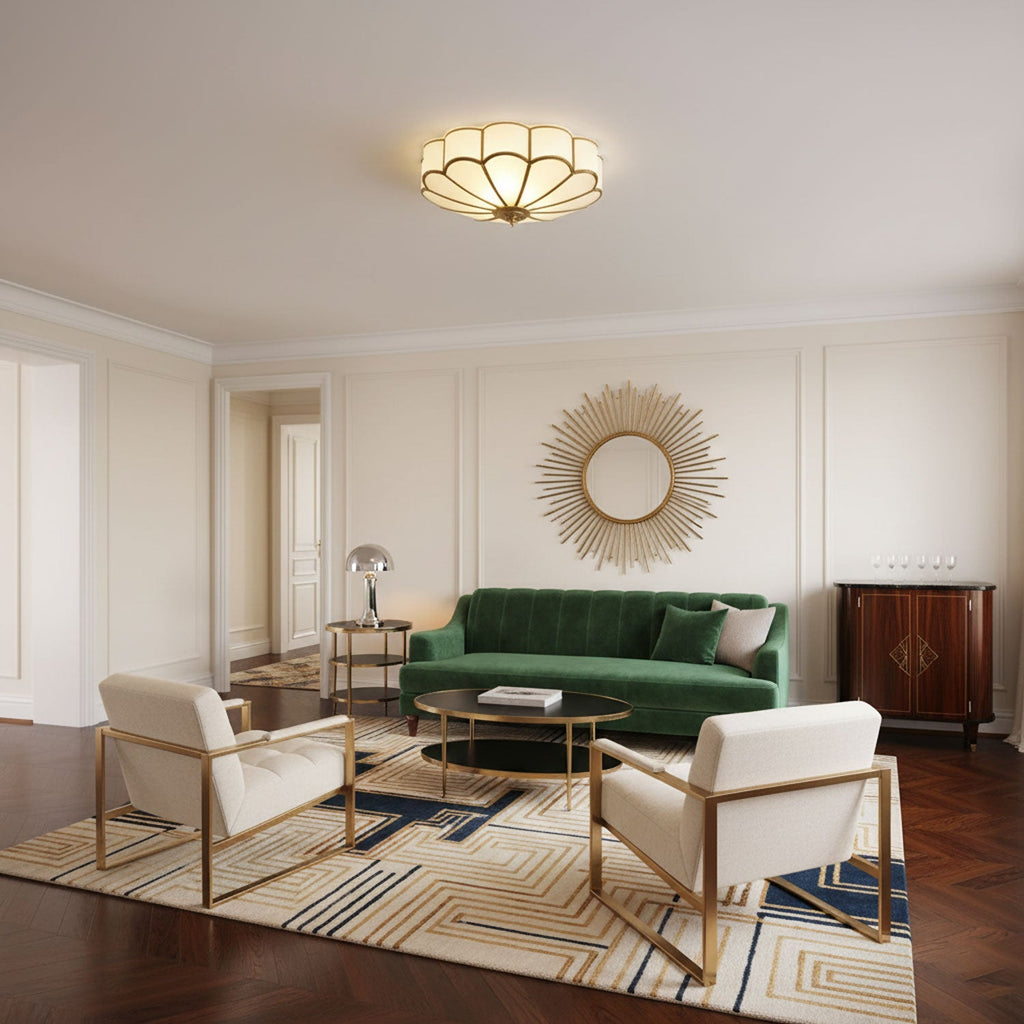 Frosted glass petal ceiling light shown front-on against white