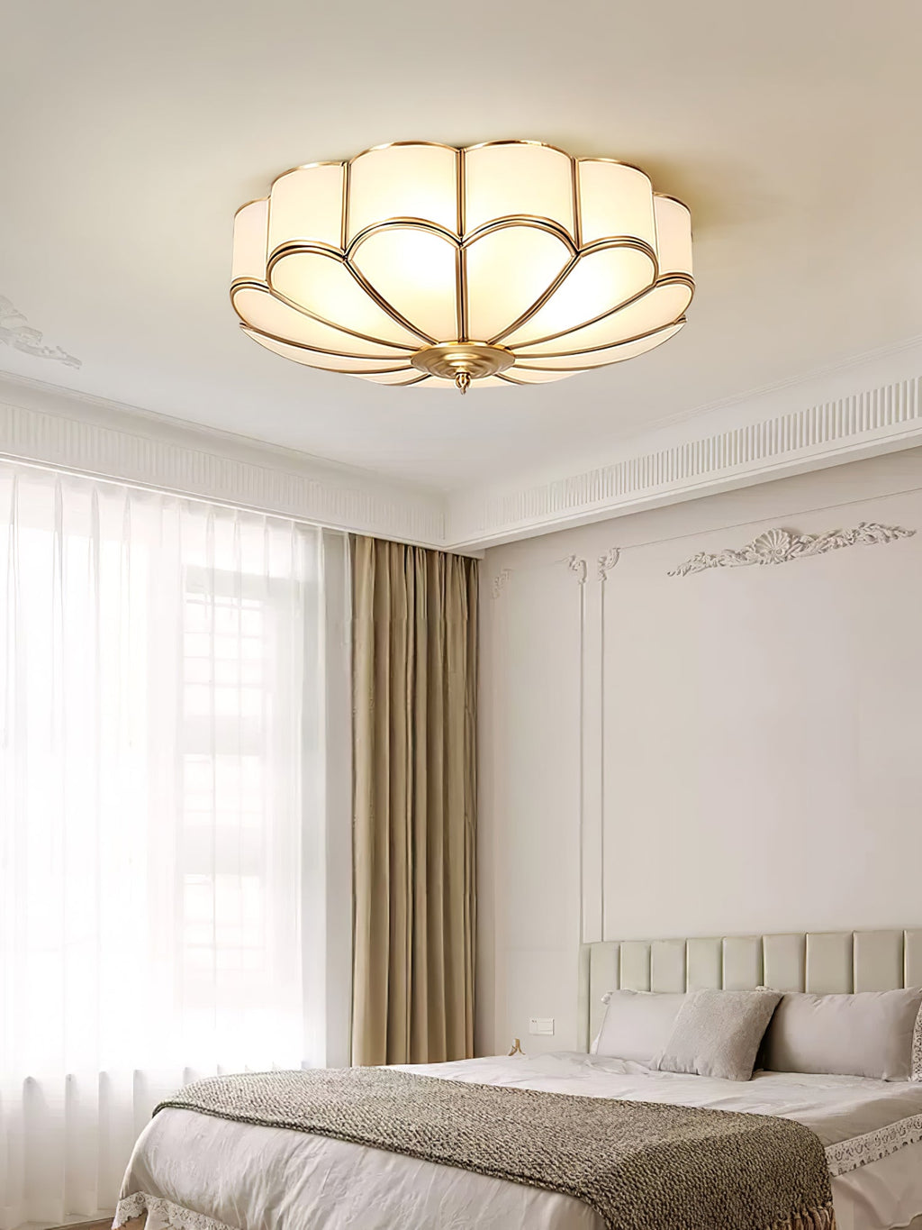 Ceiling Light, Frosted Glass Flower Petals, Brass Frame, E26 / E27 Socket