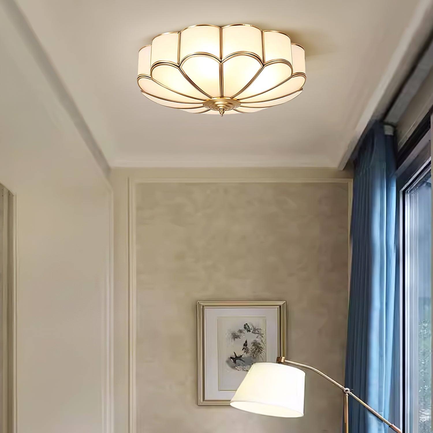 Ceiling Light, Frosted Glass Flower Petals, Brass Frame, E26 / E27 Socket
