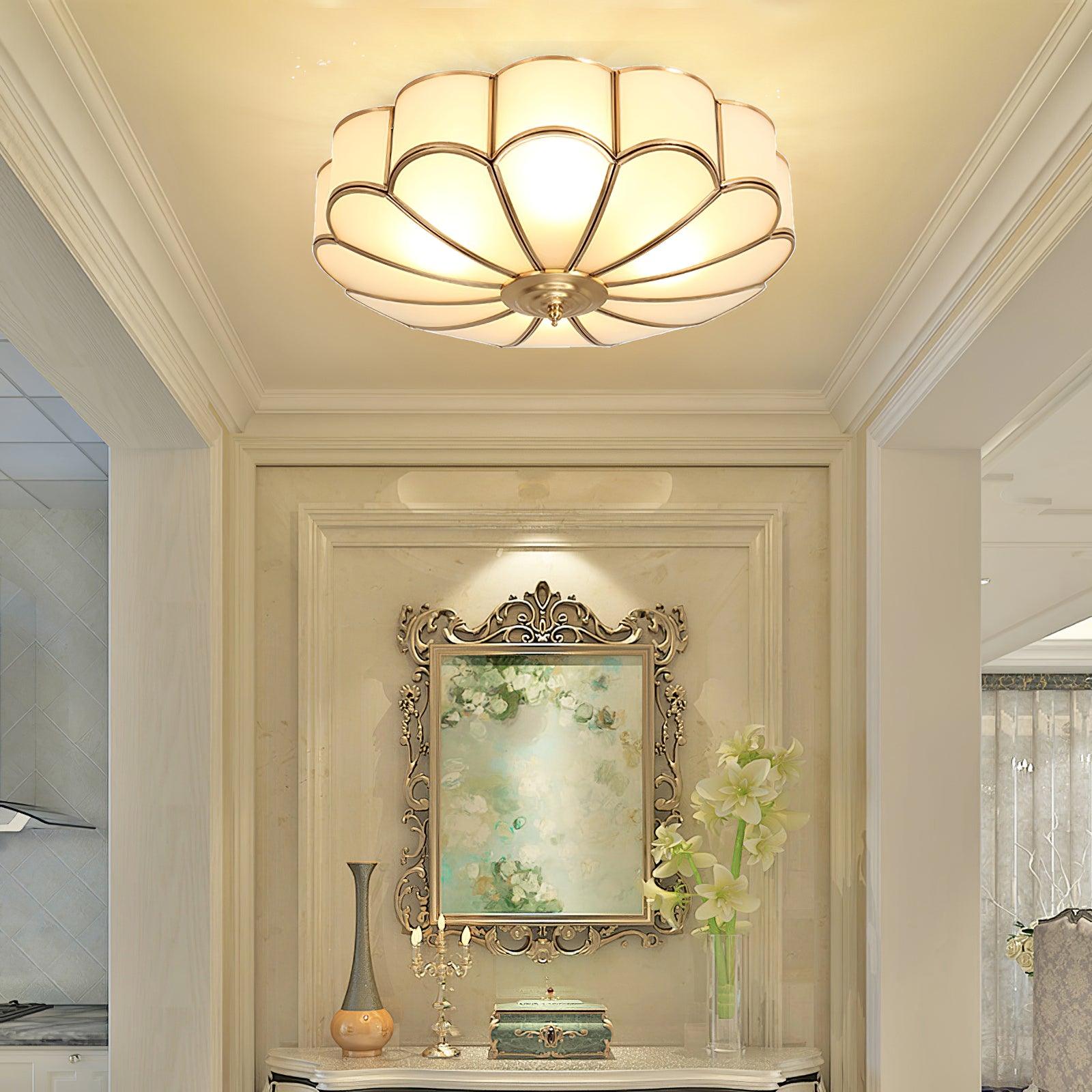 Ceiling Light, Frosted Glass Flower Petals, Brass Frame, E26 / E27 Socket