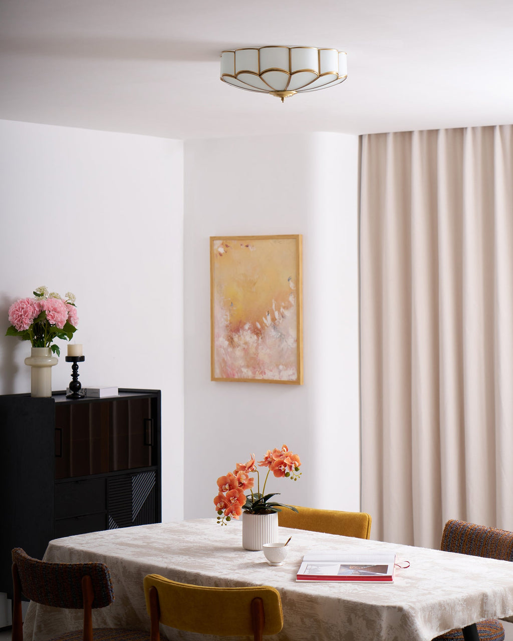 Ceiling Light, Frosted Glass Flower Petals, Brass Frame, E26 / E27 Socket
