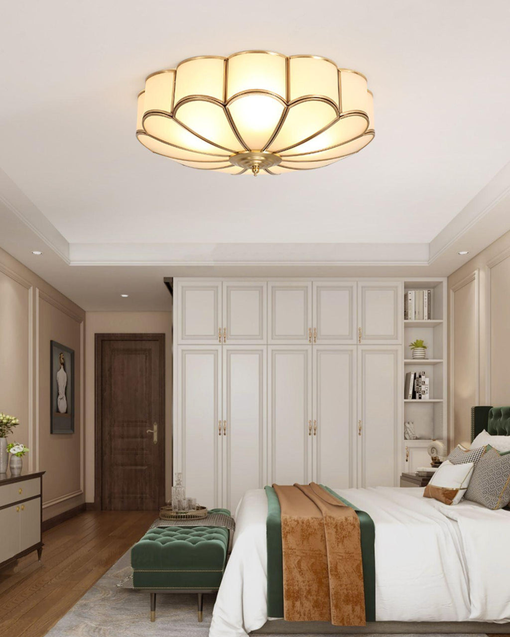 Ceiling Light, Frosted Glass Flower Petals, Brass Frame, E26 / E27 Socket