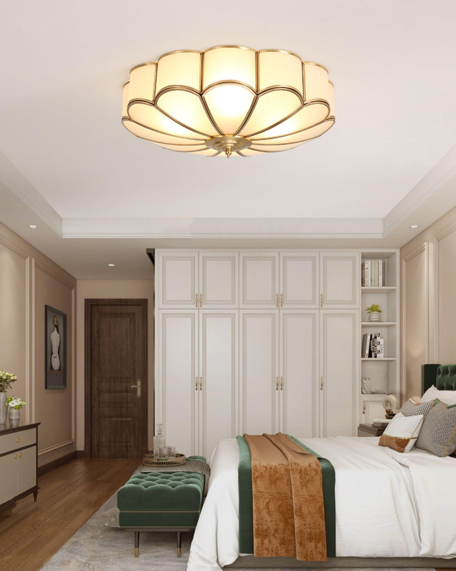 Ceiling Light, Frosted Glass Flower Petals, Brass Frame, E26 / E27 Socket