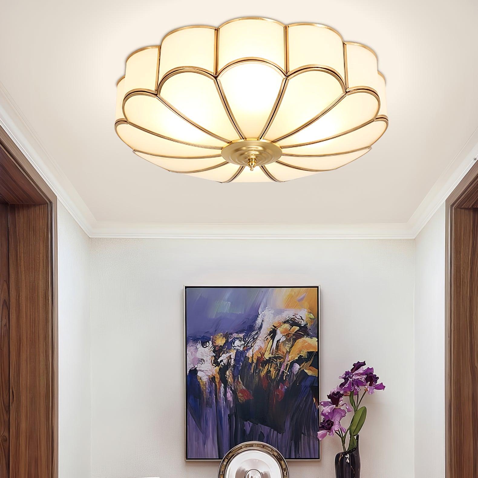 Ceiling Light, Frosted Glass Flower Petals, Brass Frame, E26 / E27 Socket