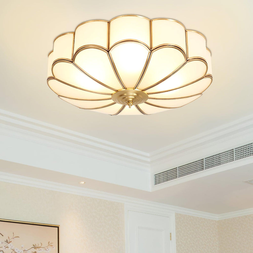 Ceiling Light, Frosted Glass Flower Petals, Brass Frame, E26 / E27 Socket