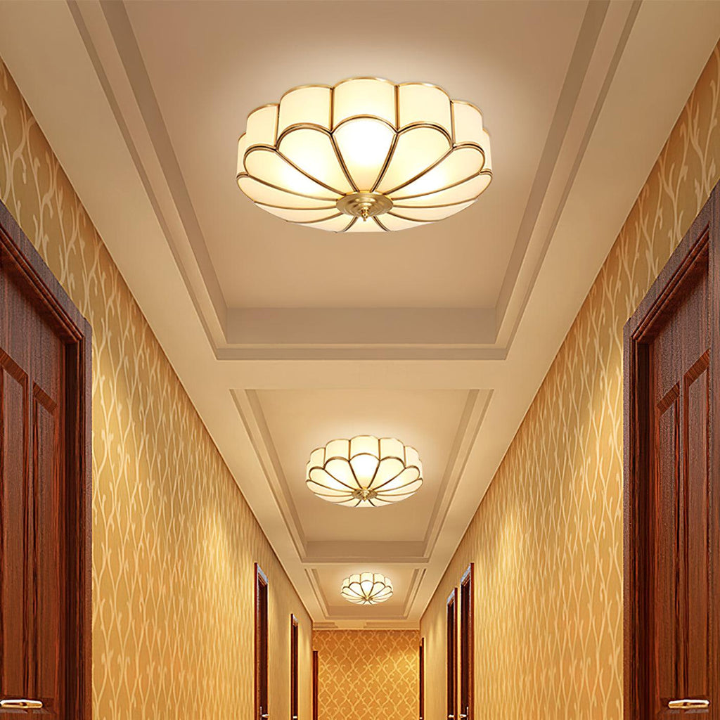 Ceiling Light, Frosted Glass Flower Petals, Brass Frame, E26 / E27 Socket