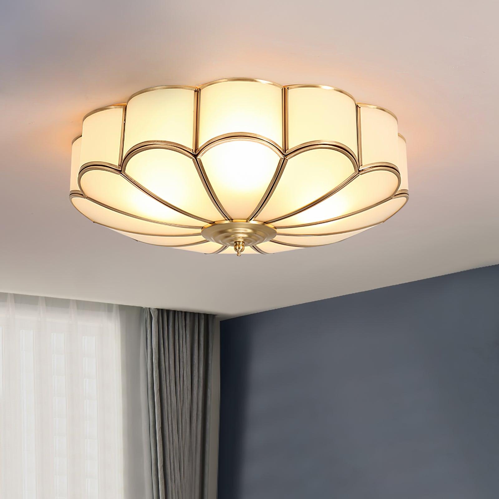 Ceiling Light, Frosted Glass Flower Petals, Brass Frame, E26 / E27 Socket