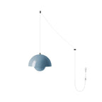 Light blue pendant with white cord, showing the full drop from ceiling hook down to the plug