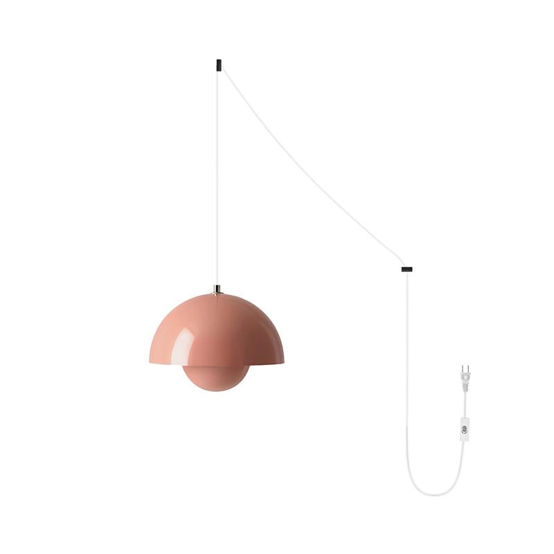 Dusty rose pink pendant shade paired with the white cord, wall hook and in-line switch version