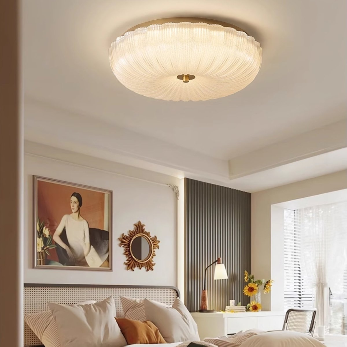 Ceiling Light, Scalloped Rippled-Glass Shade, 12-Inch, Flush-Mount LED