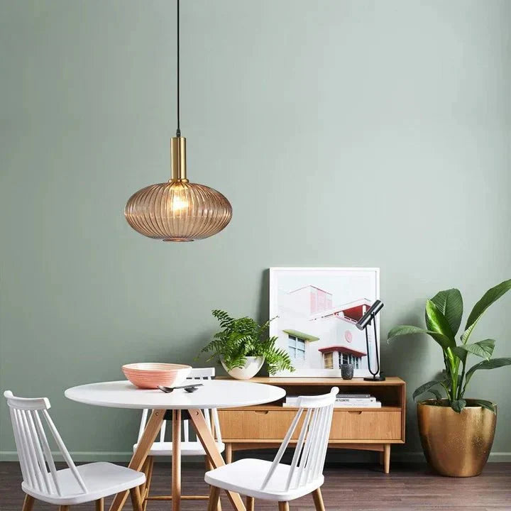 Luminária Suspensa, Design em Vidro Estriado, Estilo Vintage, Abajur de 12 Polegadas