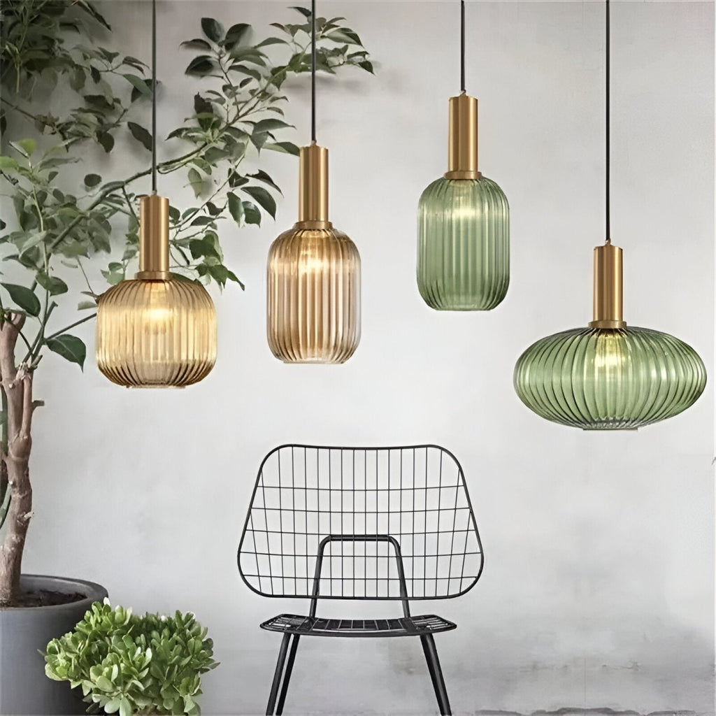 Luminária Suspensa, Design em Vidro Estriado, Estilo Vintage, Abajur de 12 Polegadas