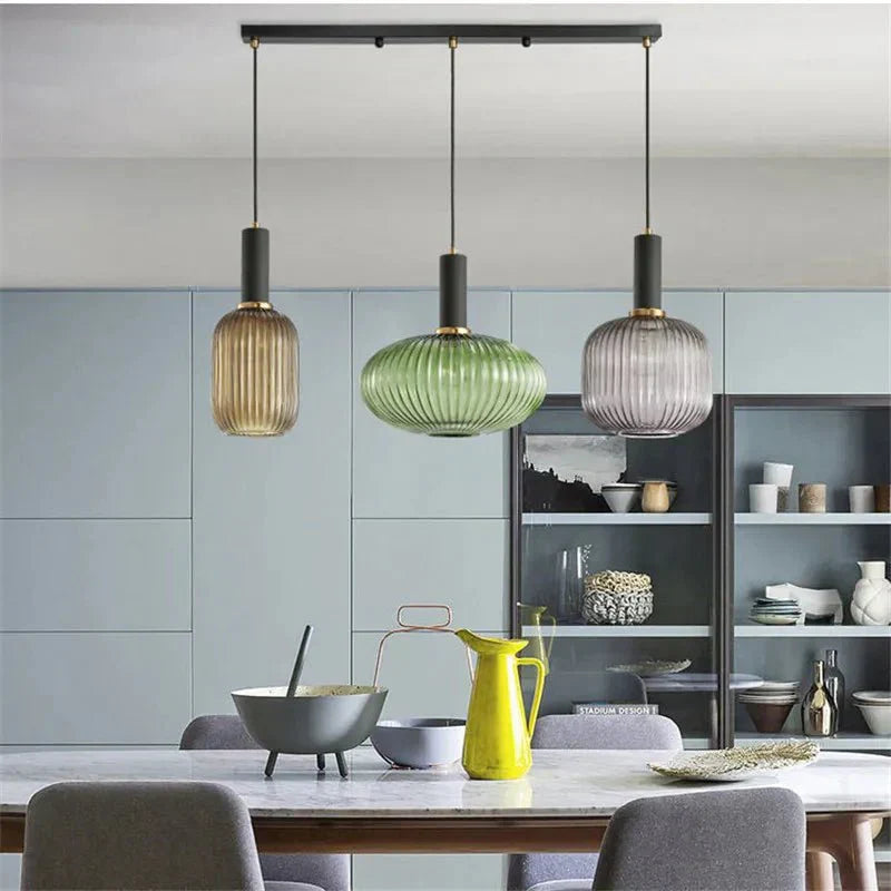 Luminária Suspensa, Design em Vidro Estriado, Estilo Vintage, Abajur de 12 Polegadas
