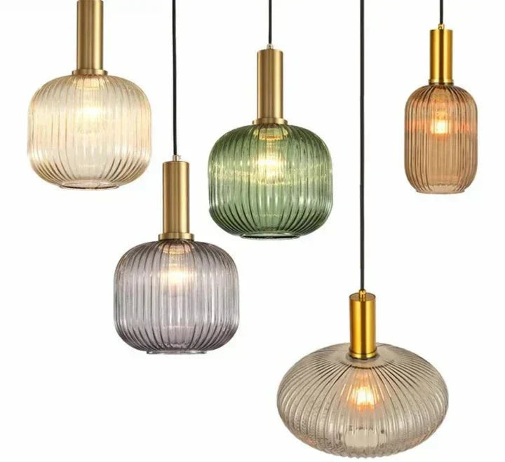 Luminária Suspensa, Design em Vidro Estriado, Estilo Vintage, Abajur de 12 Polegadas