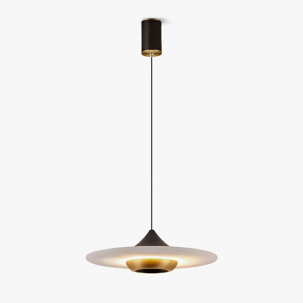 Clérachic flat disc pendant light hangs slightly off-centre on its cord, photographed against an off-white backdrop.