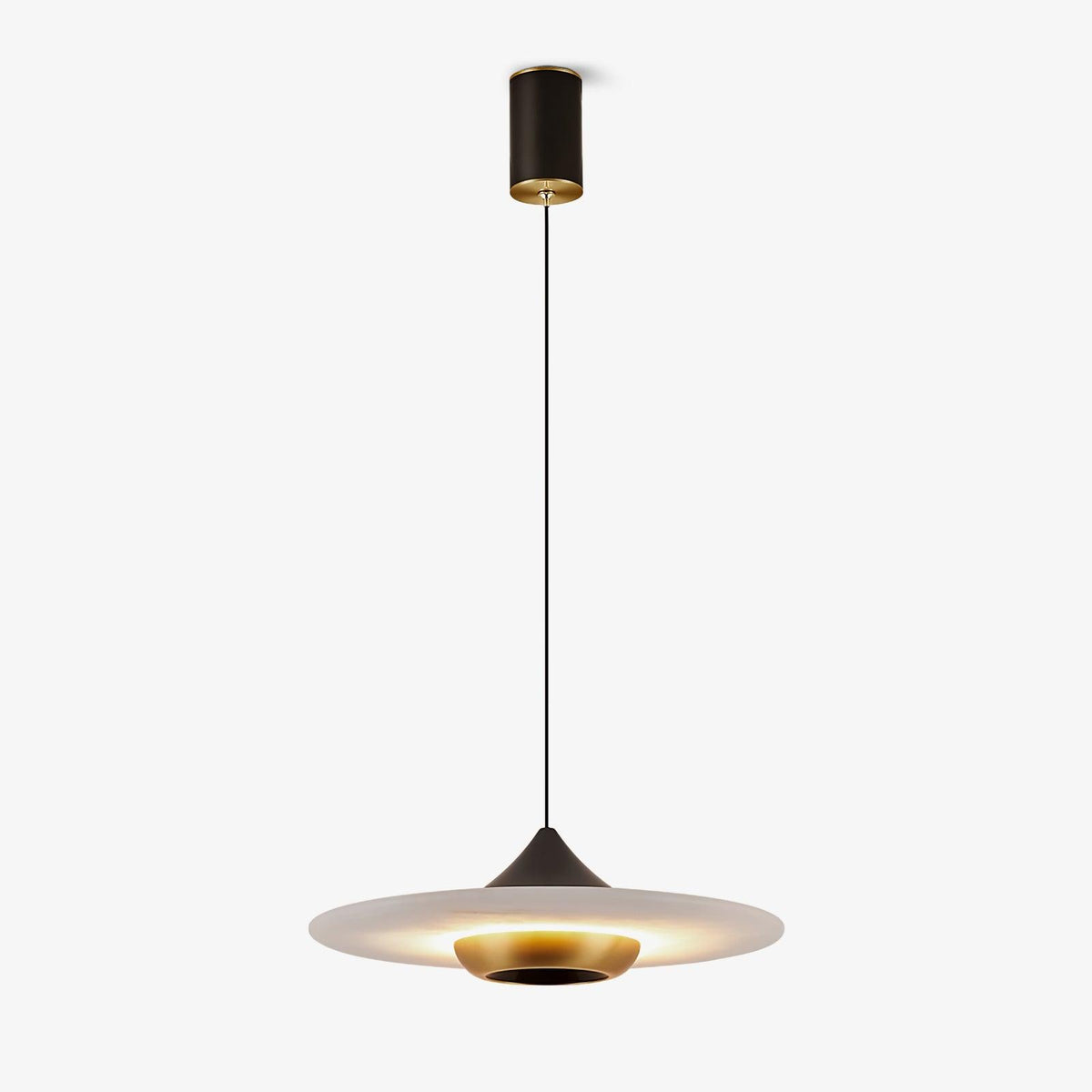 Clérachic flat disc pendant light hangs slightly off-centre on its cord, photographed against an off-white backdrop.