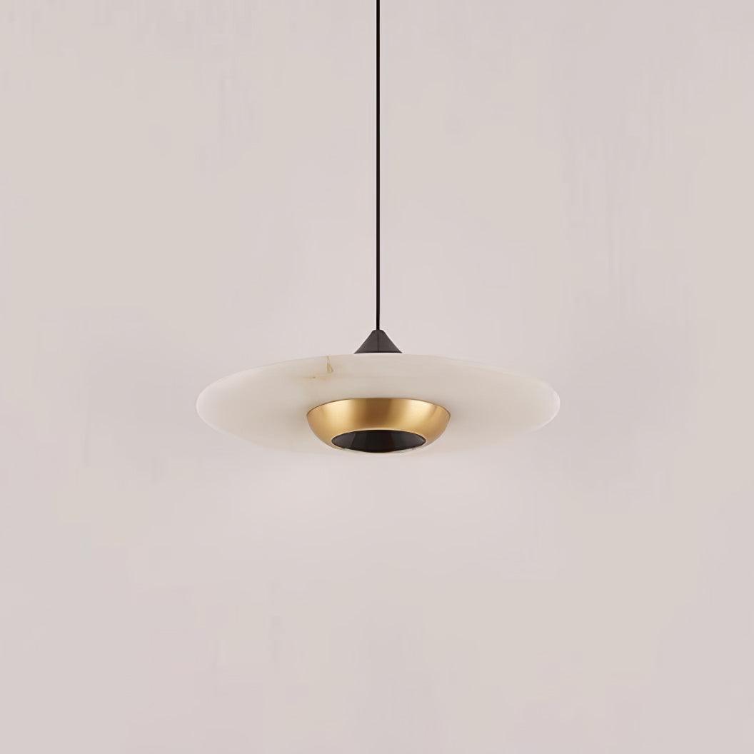 Underside view of a Clérachic disc pendant light, showing the black dome, gold ring and white marble shade.