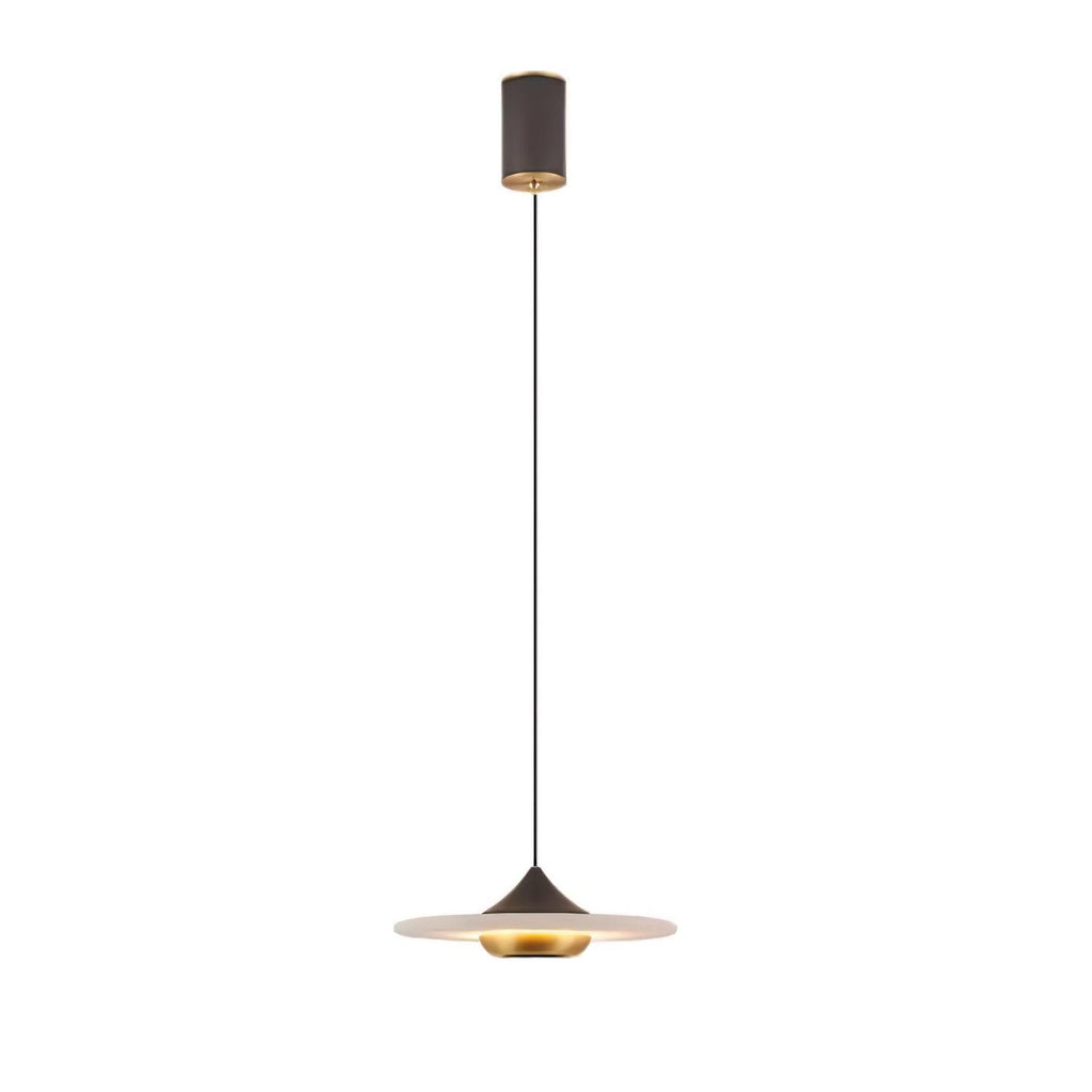 Clérachic white marble disc pendant light on a black cord, photographed full length on a plain white background.