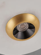 Extreme close-up of the gold and black light engine inside a Clérachic disc pendant, with its lens visible.