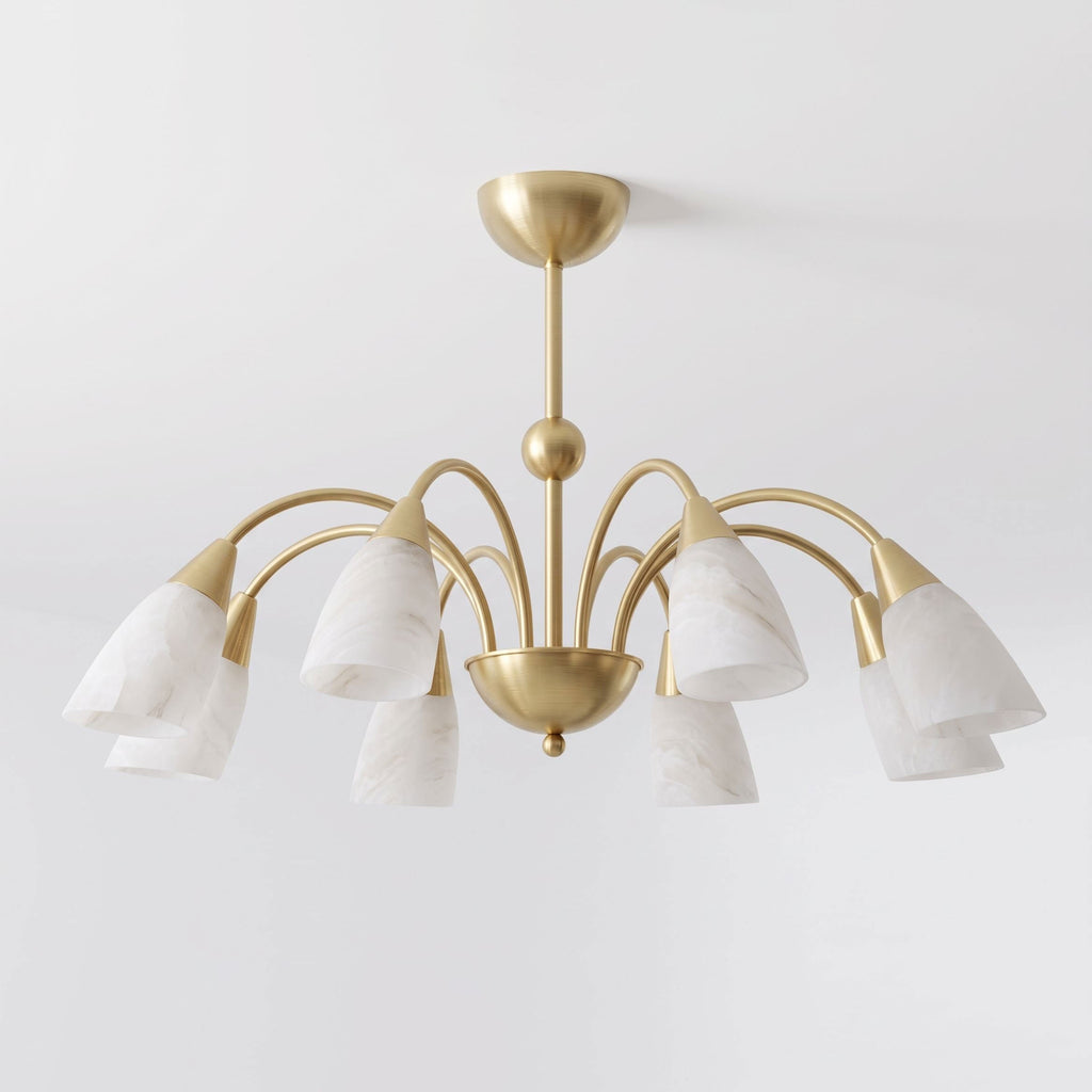 Photographed from the side on a plain backdrop, this Clérachic chandelier's brass frame supports eight cone-shaped alabaster shades.