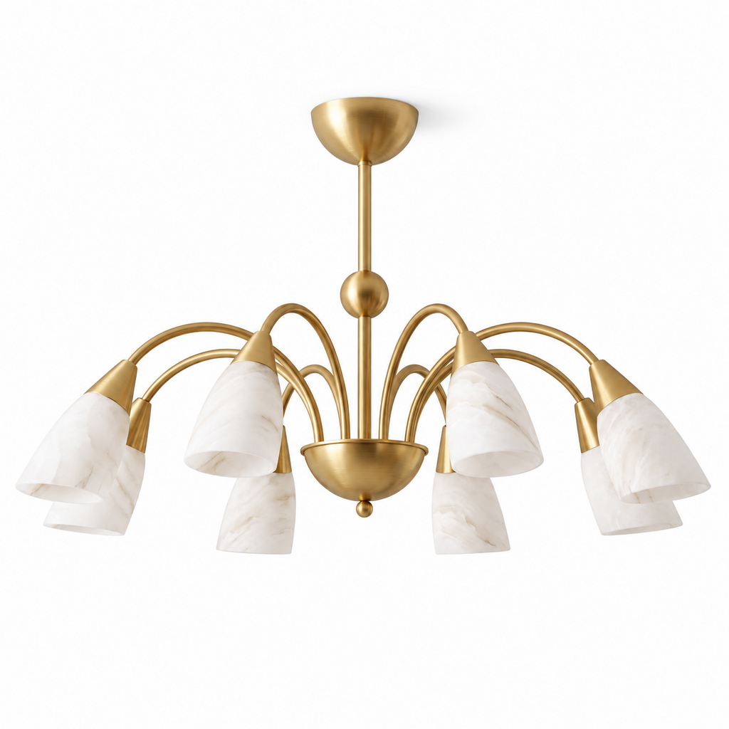 From a lower angle on white, the brass finish of this Clérachic chandelier reveals the veining inside each alabaster shade.