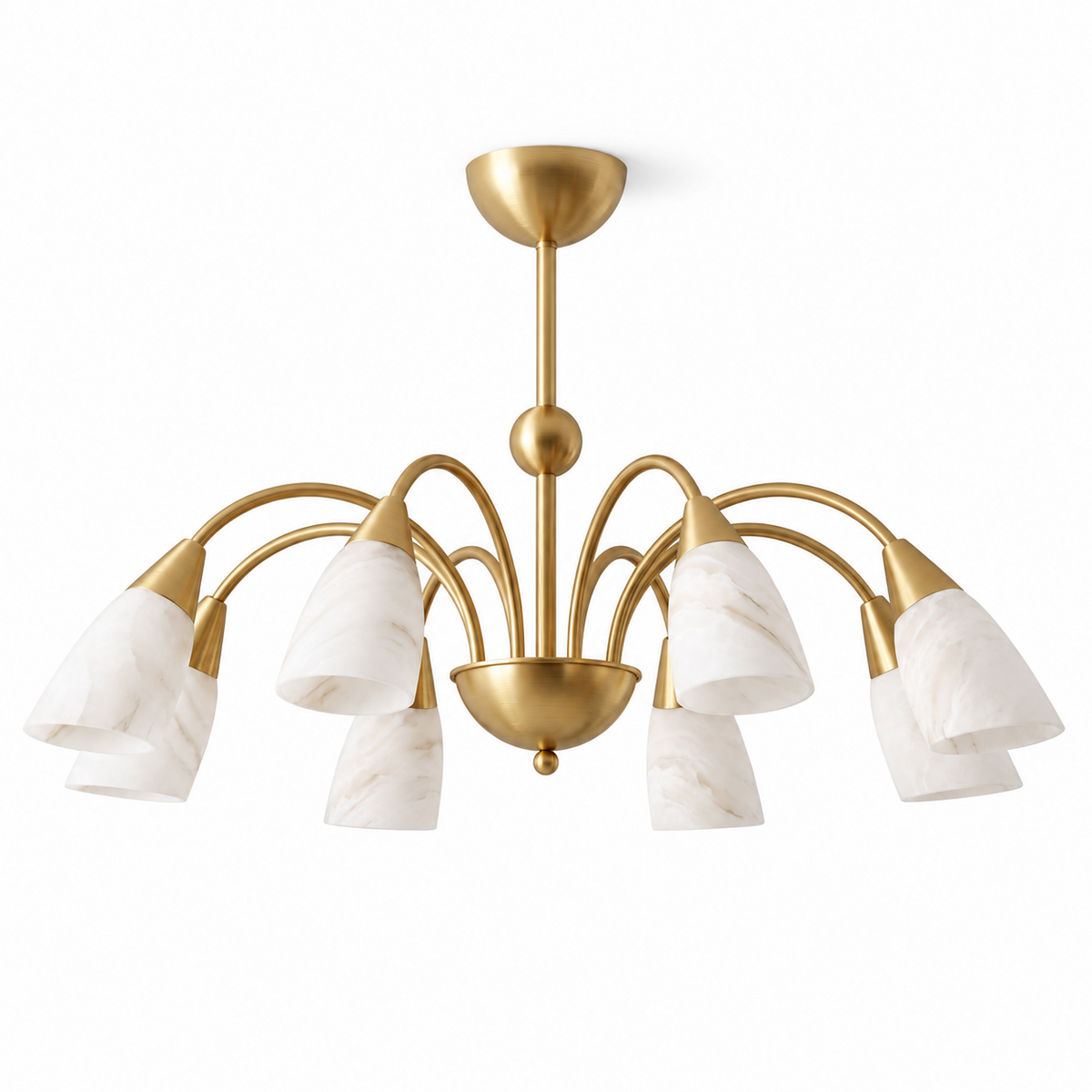 From a lower angle on white, the brass finish of this Clérachic chandelier reveals the veining inside each alabaster shade.