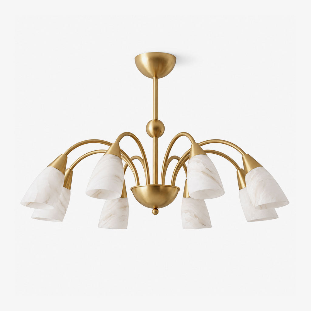 Against a plain white background, the brushed brass finish of this Clérachic chandelier arches into eight downward-facing alabaster shades.