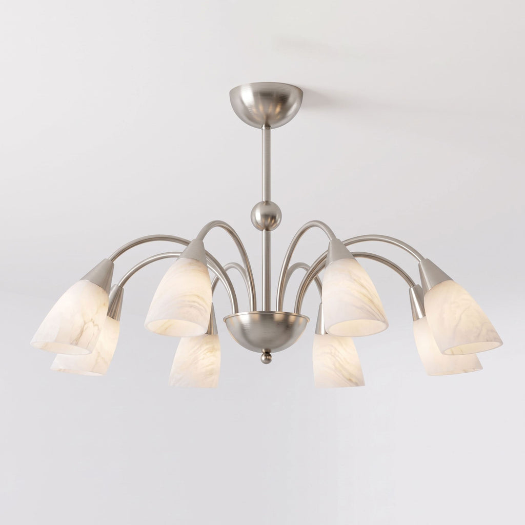 Shown unlit on white, this Clérachic chandelier's nickel arms curve outward to eight alabaster shades around a central stem.