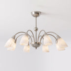 Shown unlit on white, this Clérachic chandelier's nickel arms curve outward to eight alabaster shades around a central stem.