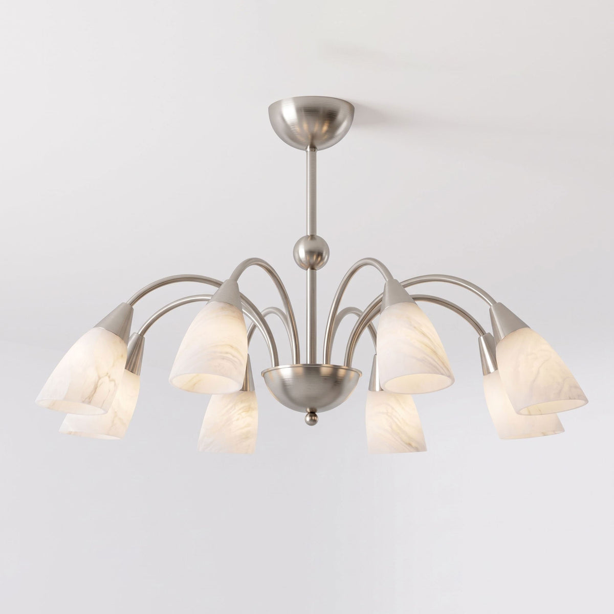 Shown unlit on white, this Clérachic chandelier's nickel arms curve outward to eight alabaster shades around a central stem.