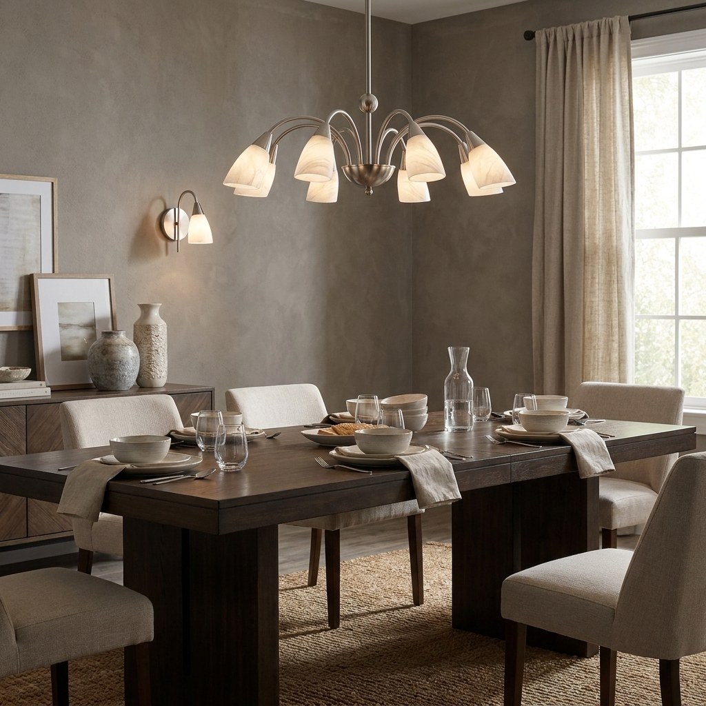 Above a set dining table against grey stucco walls, this Clérachic chandelier's nickel finish pairs with a matching wall sconce.