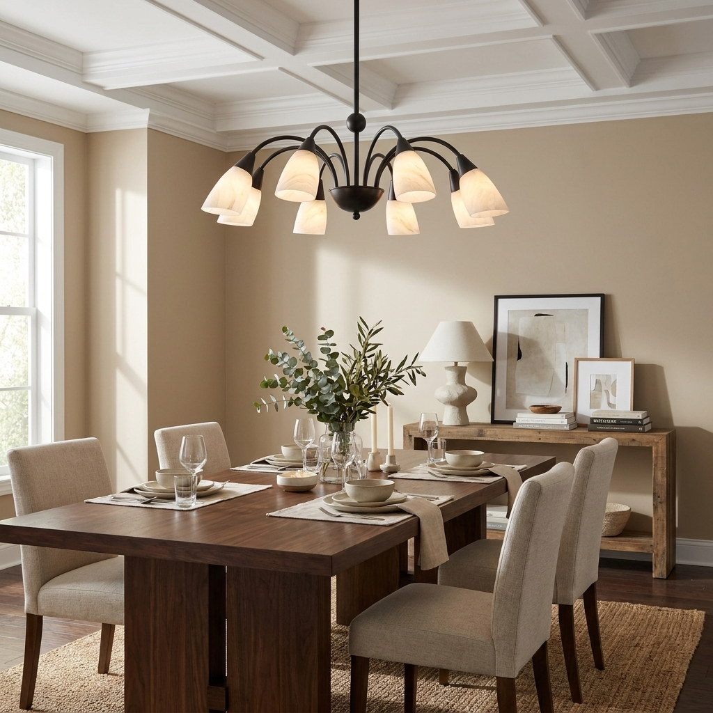 Under a coffered ceiling, the black-finish chandelier from Clérachic hangs above a wood dining table set with white place settings.