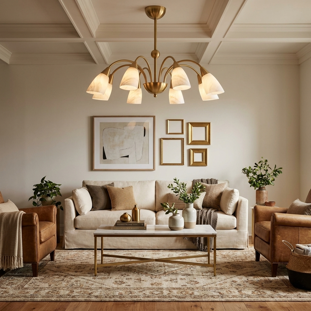 Eight alabaster cone shades fan out from this Clérachic chandelier's brass frame, lit beneath a coffered ceiling above a beige sofa.