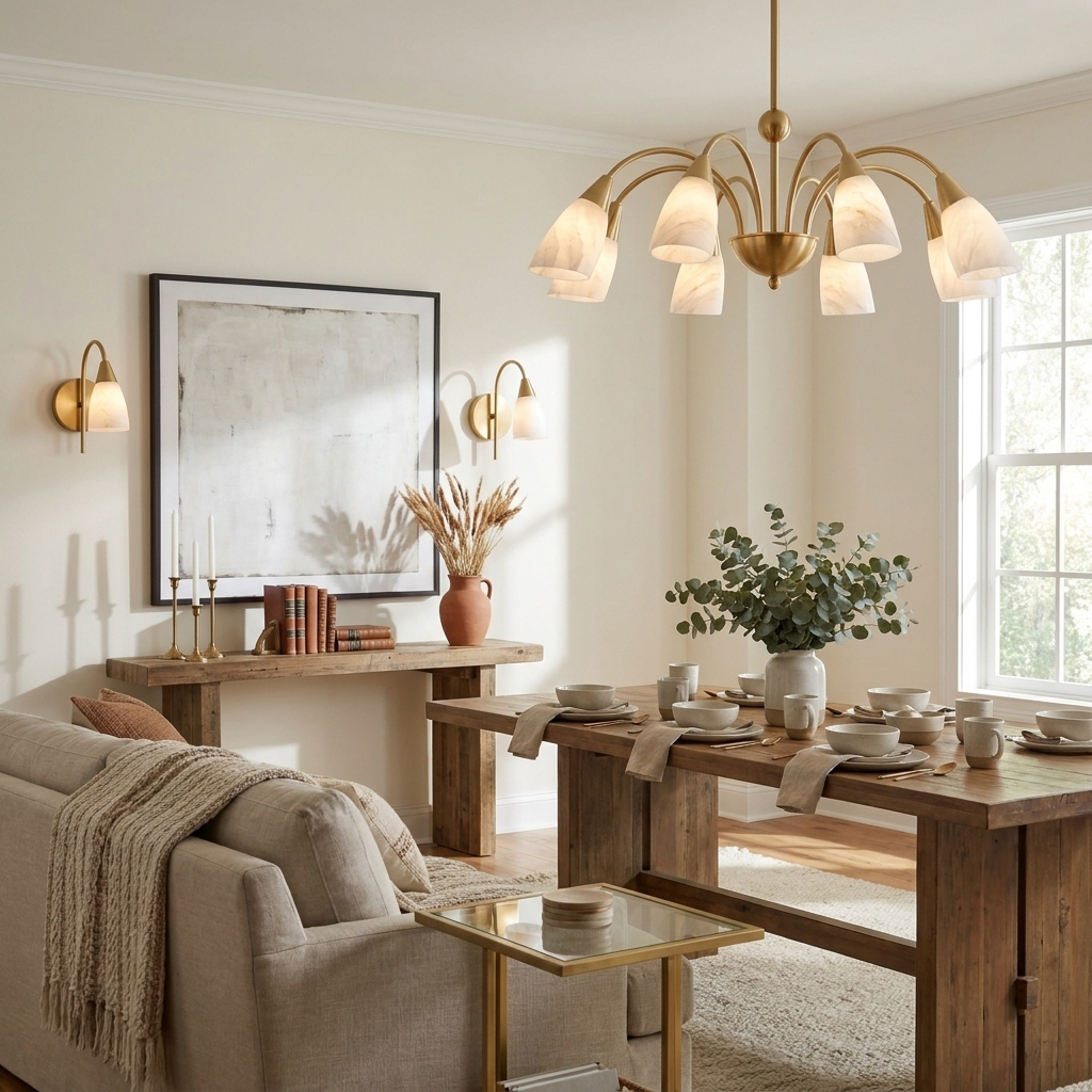 In a room with a beige sofa and a wood console table, the brass-finish chandelier from Clérachic lights a dining table nearby.