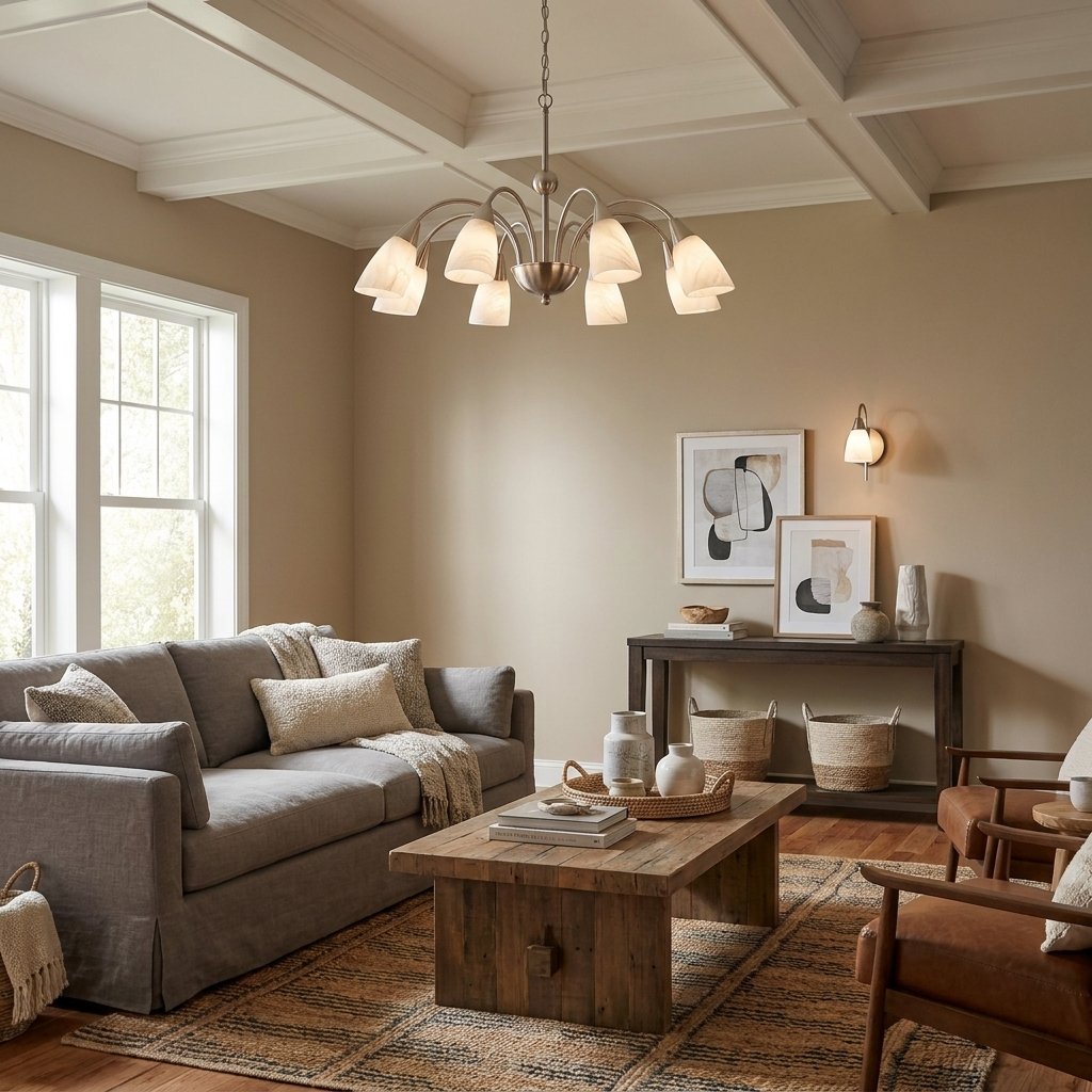 In a living room with a grey sofa and matching wall sconce, the nickel finish of this Clérachic chandelier casts a soft glow.