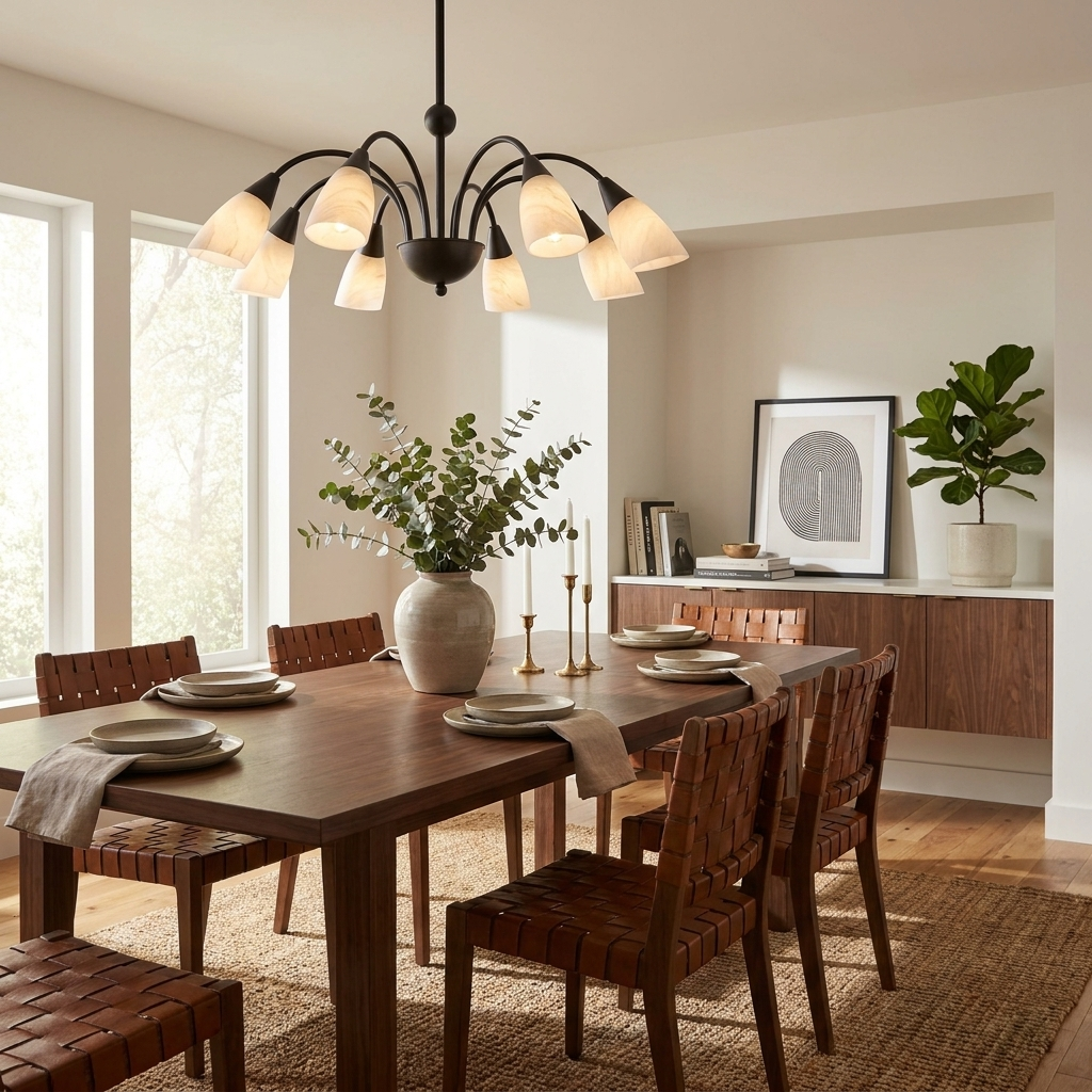 Over a wood dining table with woven-leather chairs, this Clérachic chandelier's black finish glows beneath a coffered ceiling.