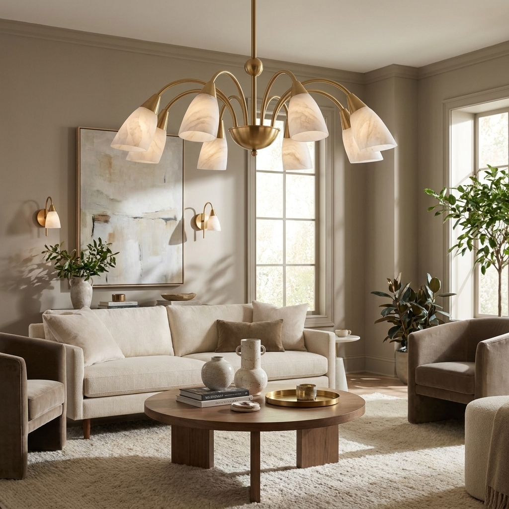 Framed by artwork and two sofas around a round coffee table, this Clérachic chandelier's brass arms fan outward overhead.